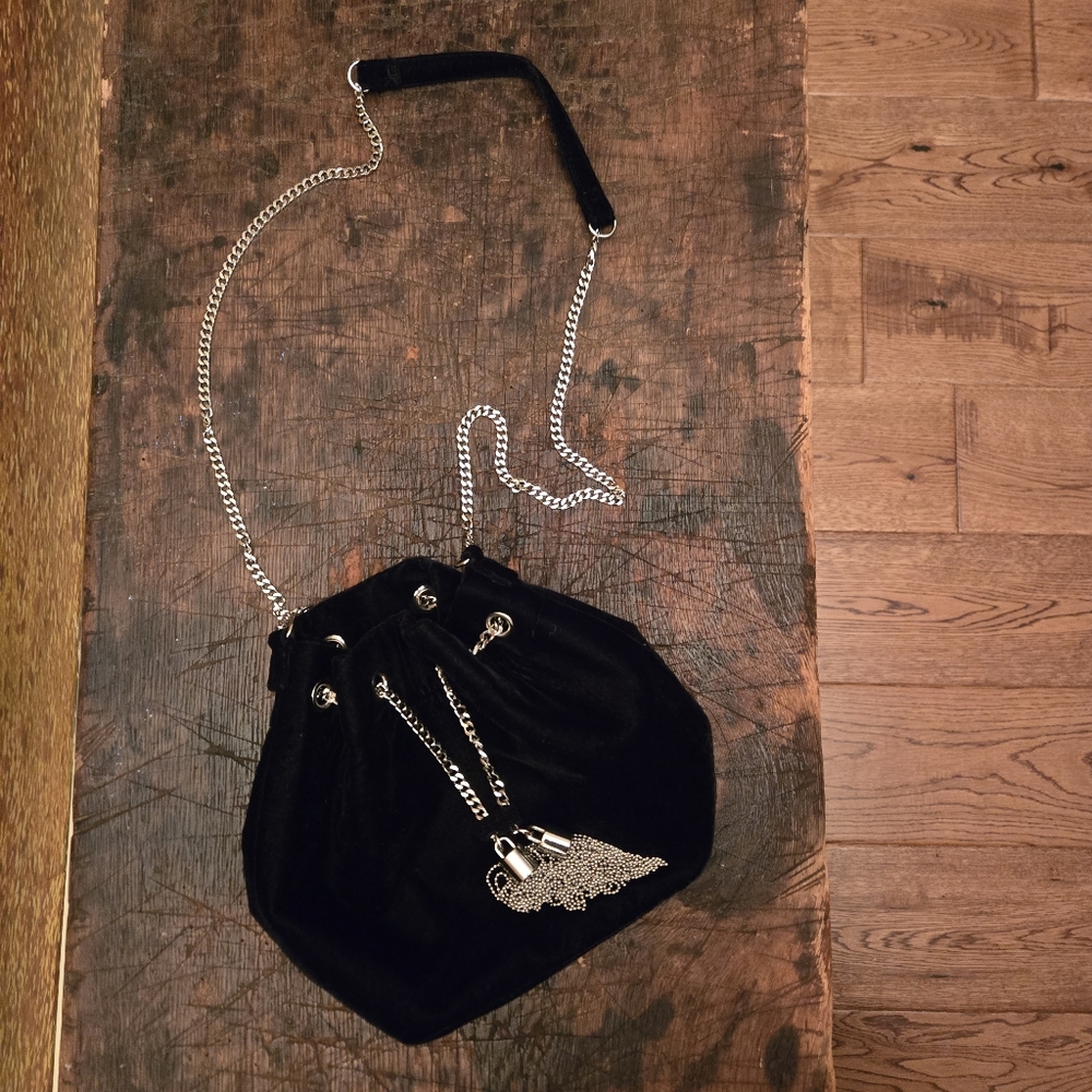 WH|BM black velvet crossbody with silver tone & velvet strap